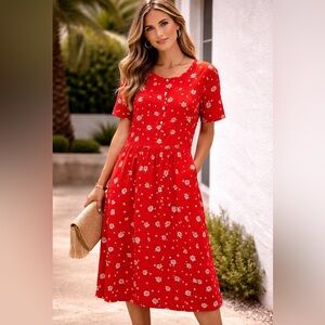 Vintage 90s Blair red floral knee length dress flowy daisy floral pattern 2XL